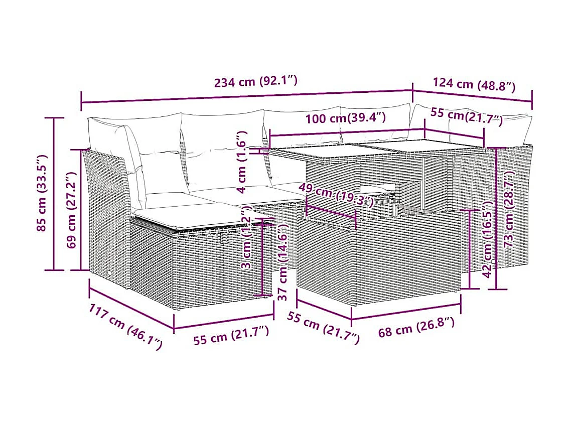 Salon de jardin avec coussins 7 pcs gris clair résine tressée