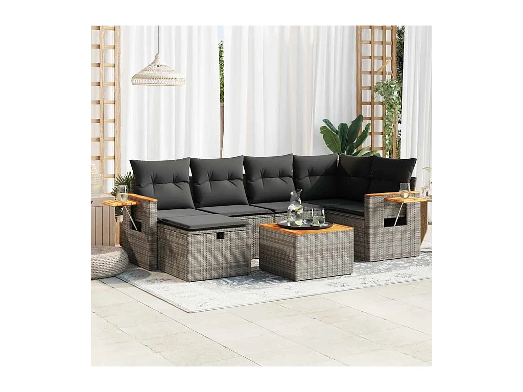 7-delige Loungeset met kussens poly rattan grijs