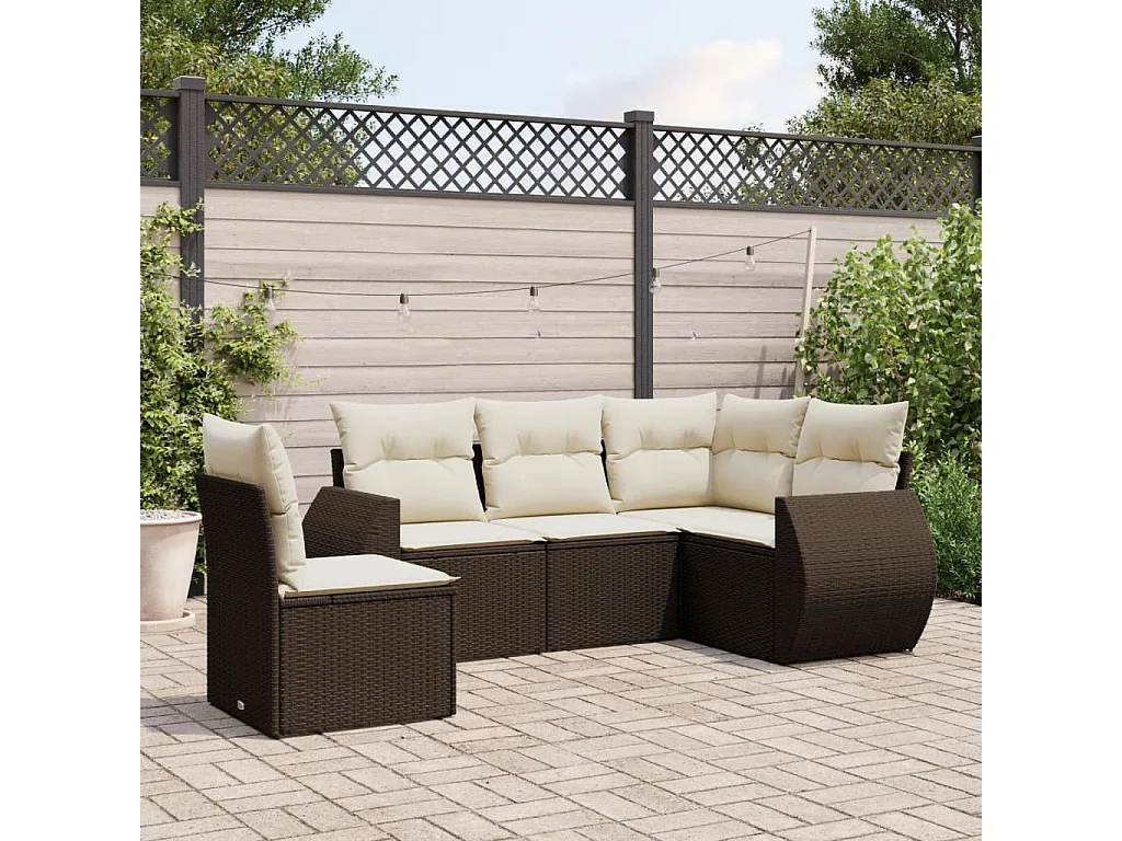5-tlg. Garten-Sofagarnitur mit Kissen Braun Poly Rattan