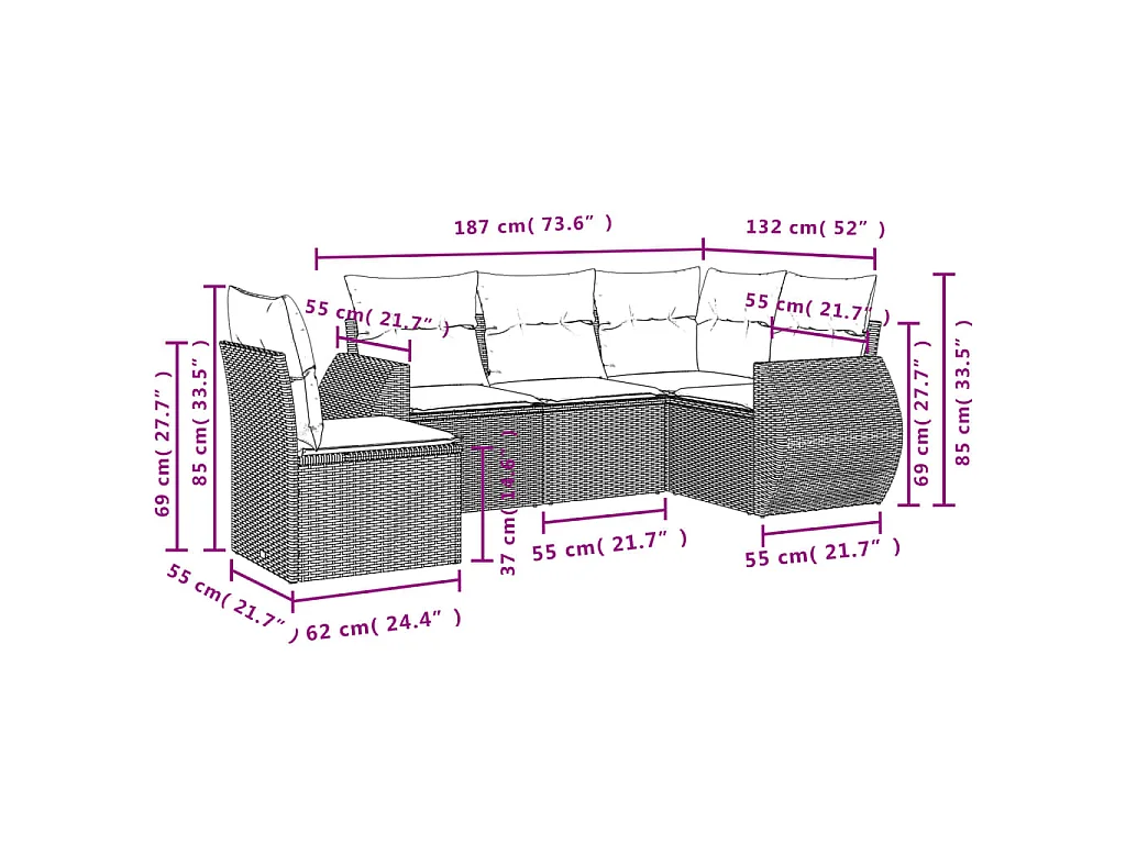 Set Divano da Giardino 5 pz con Cuscini Marrone in Polyrattan