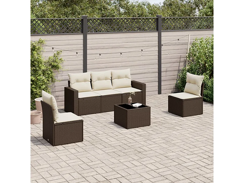 Salon de jardin avec coussins 6 pcs marron résine tressée