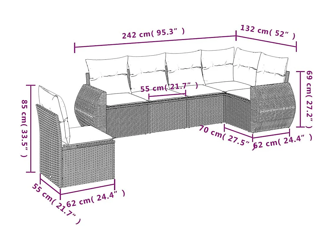 Set sofás de jardín 6 piezas y cojines ratán sintético marrón