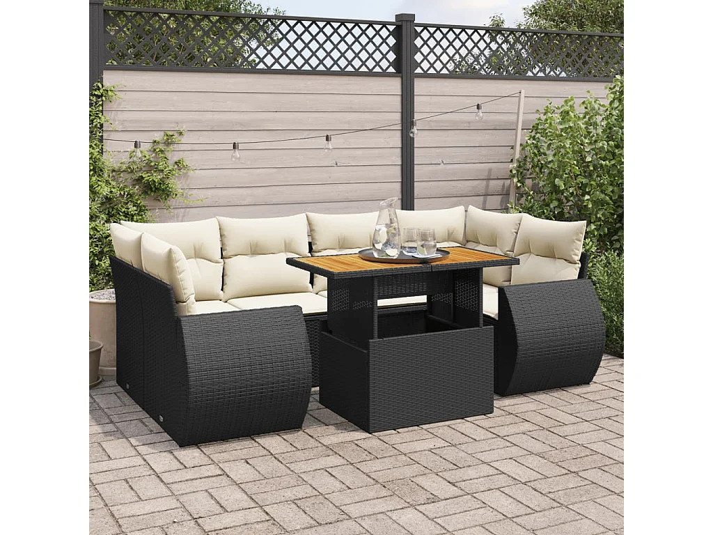 Salon de jardin 7 pcs avec coussins noir résine tressée