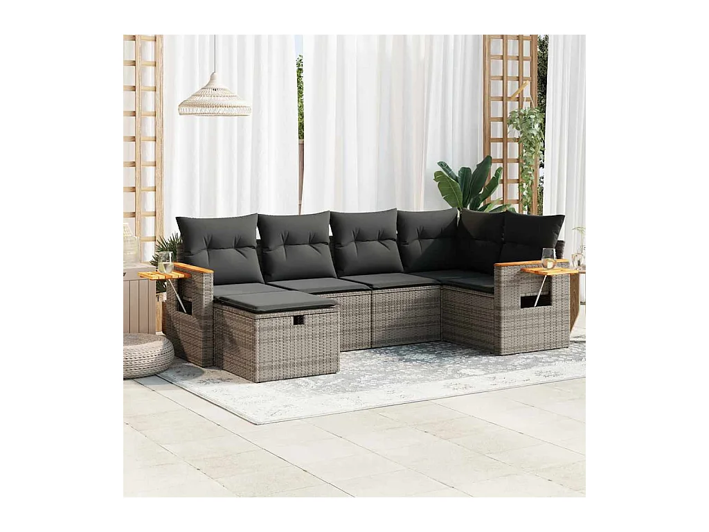 6-delige Loungeset met kussens poly rattan grijs