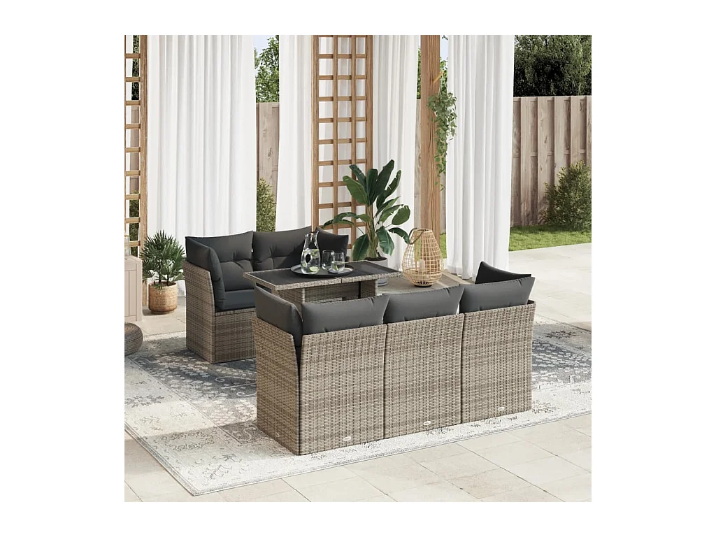 Salon de jardin 6 pcs avec coussins gris résine tressée