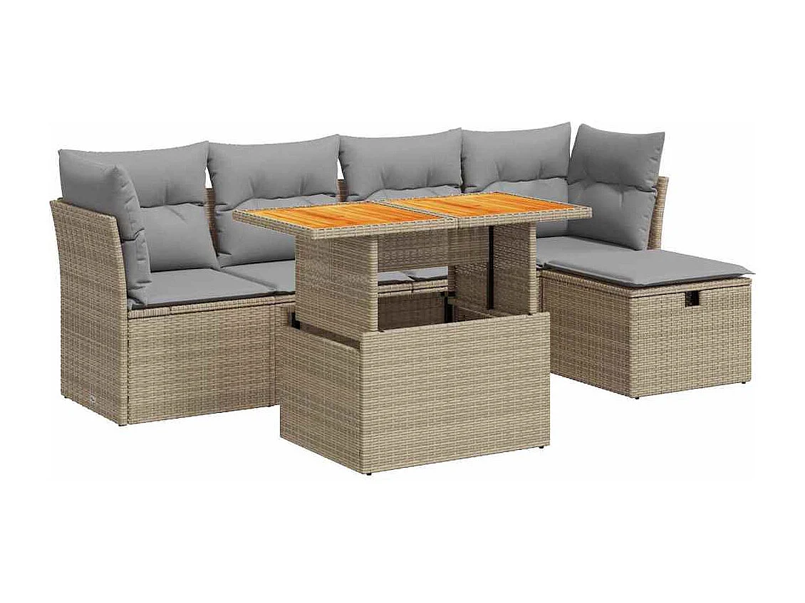 6-delige Loungeset met kussens poly rattan acacia beige