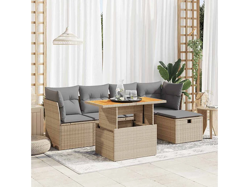 6-tlg. Garten-Sofagarnitur mit Kissen Beige Poly Rattan Akazie
