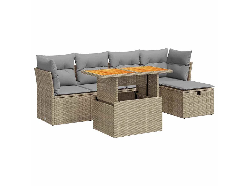 6-delige Loungeset met kussens poly rattan acacia beige