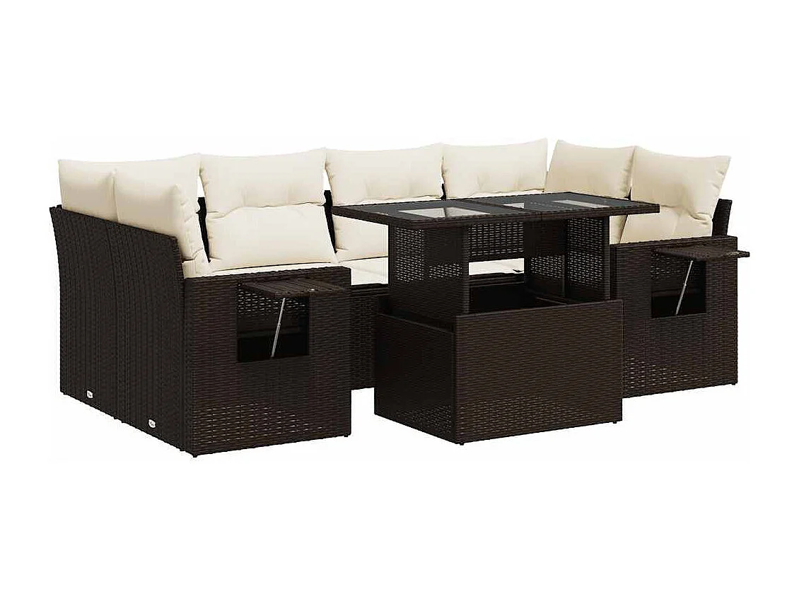 7-tlg. Garten-Sofagarnitur mit Kissen Braun Poly Rattan