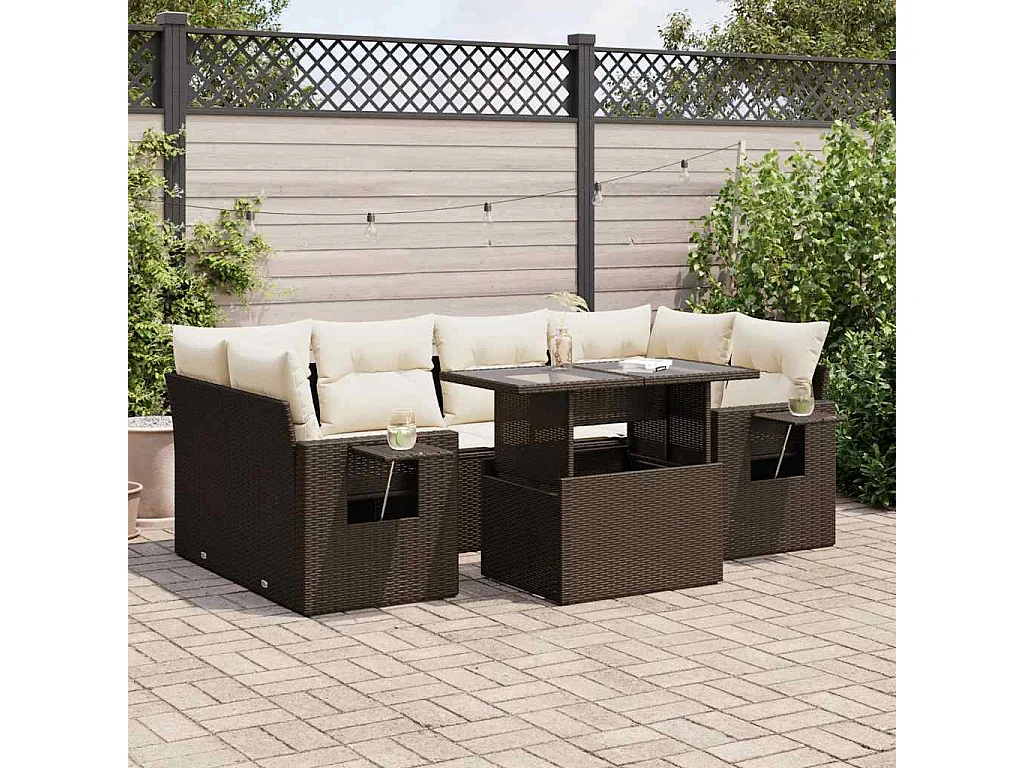 7-tlg. Garten-Sofagarnitur mit Kissen Braun Poly Rattan