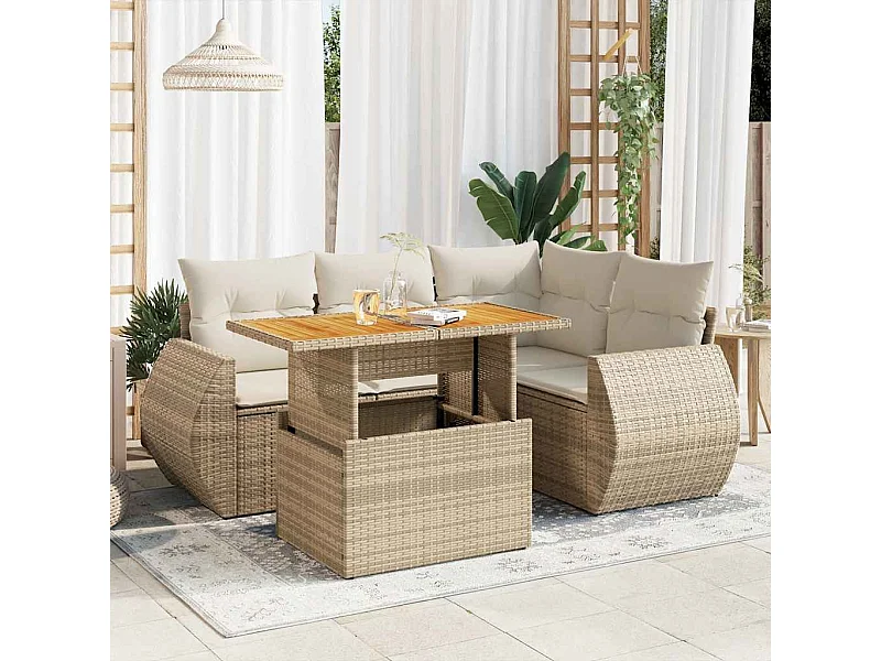 5-delige Loungeset met kussens poly rattan beige