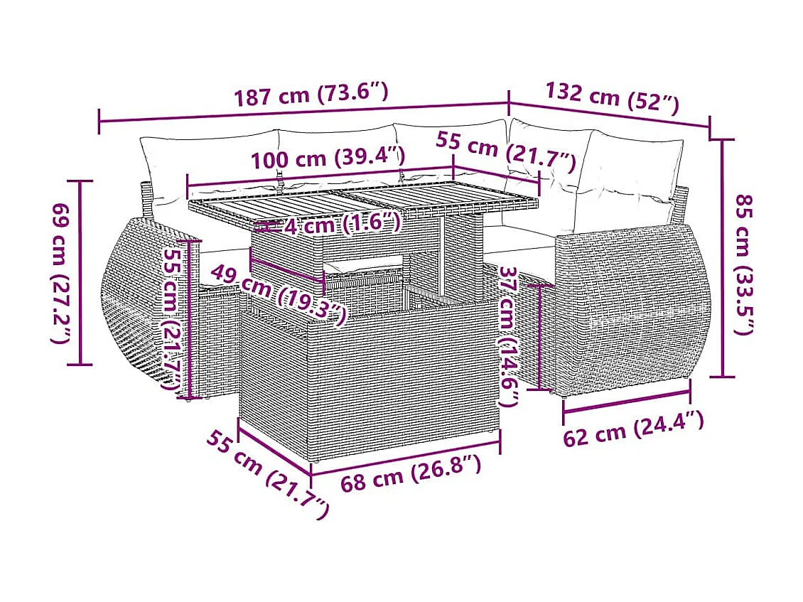 5-delige Loungeset met kussens poly rattan beige