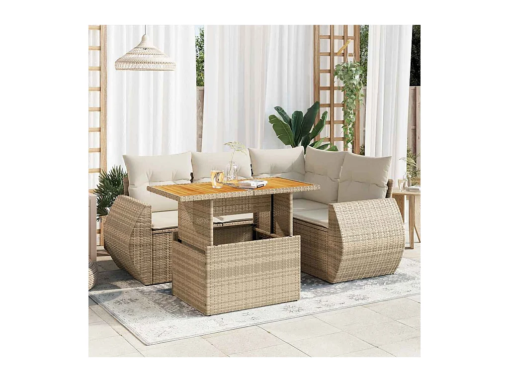 Salon de jardin avec coussins 5 pcs beige résine tressée