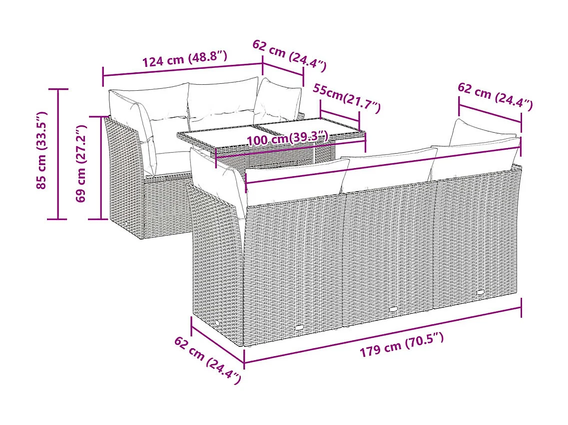 6-delige Loungeset met kussens poly rattan zwart