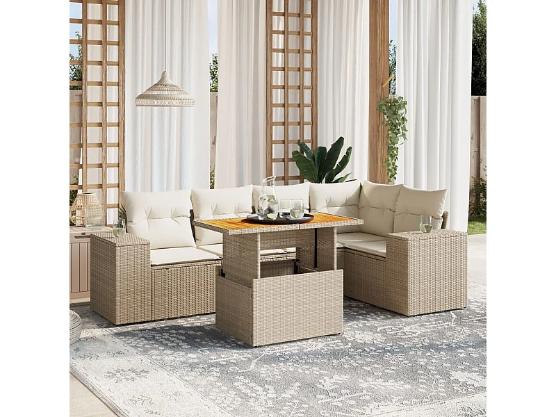 Salon de jardin avec coussins 6 pcs beige résine tressée