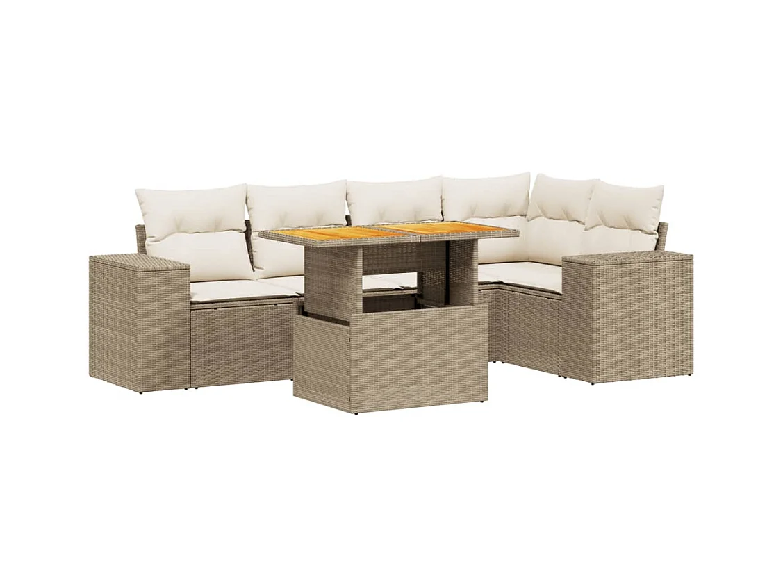 6-tlg. Garten-Sofagarnitur mit Kissen Beige Poly Rattan