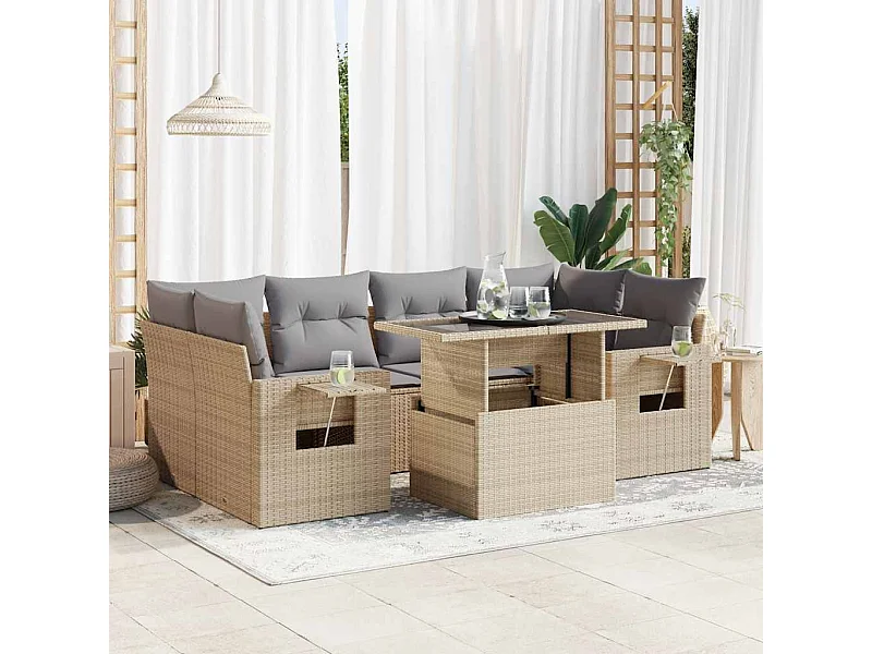 7-delige Loungeset met kussens poly rattan beige