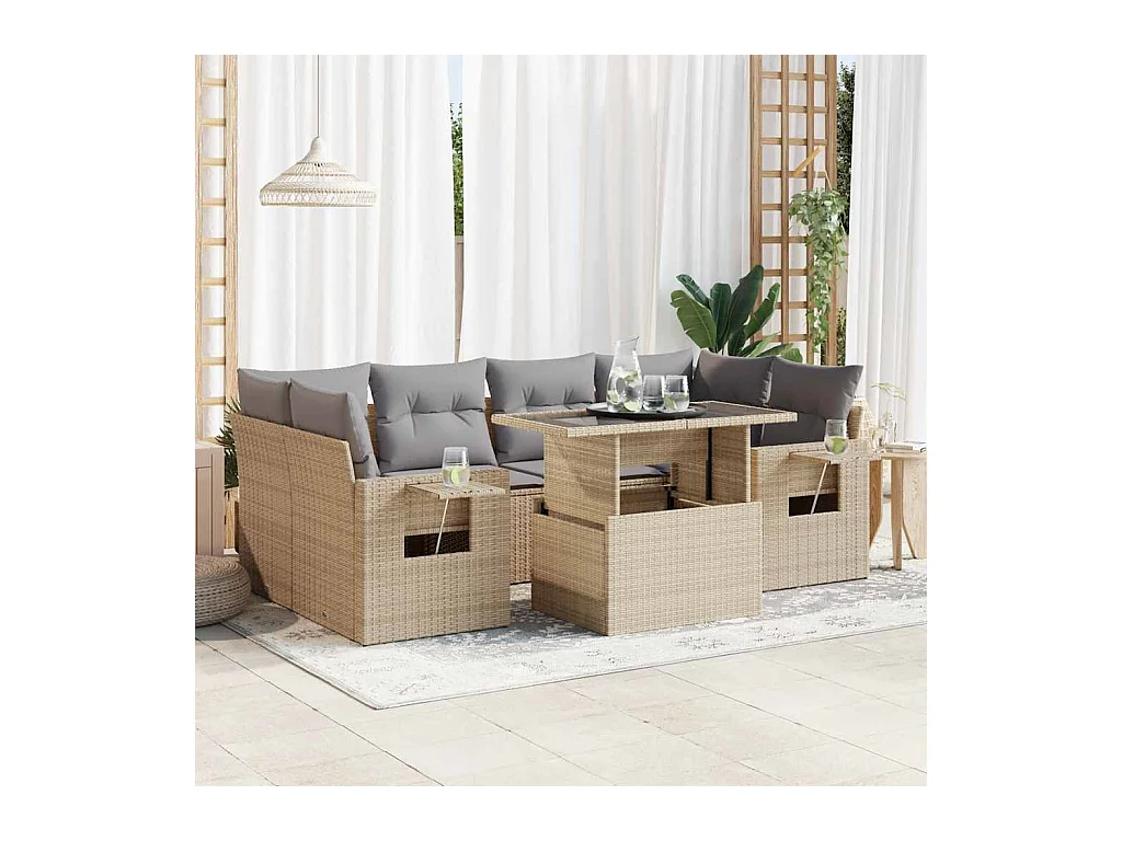 7-delige Loungeset met kussens poly rattan beige