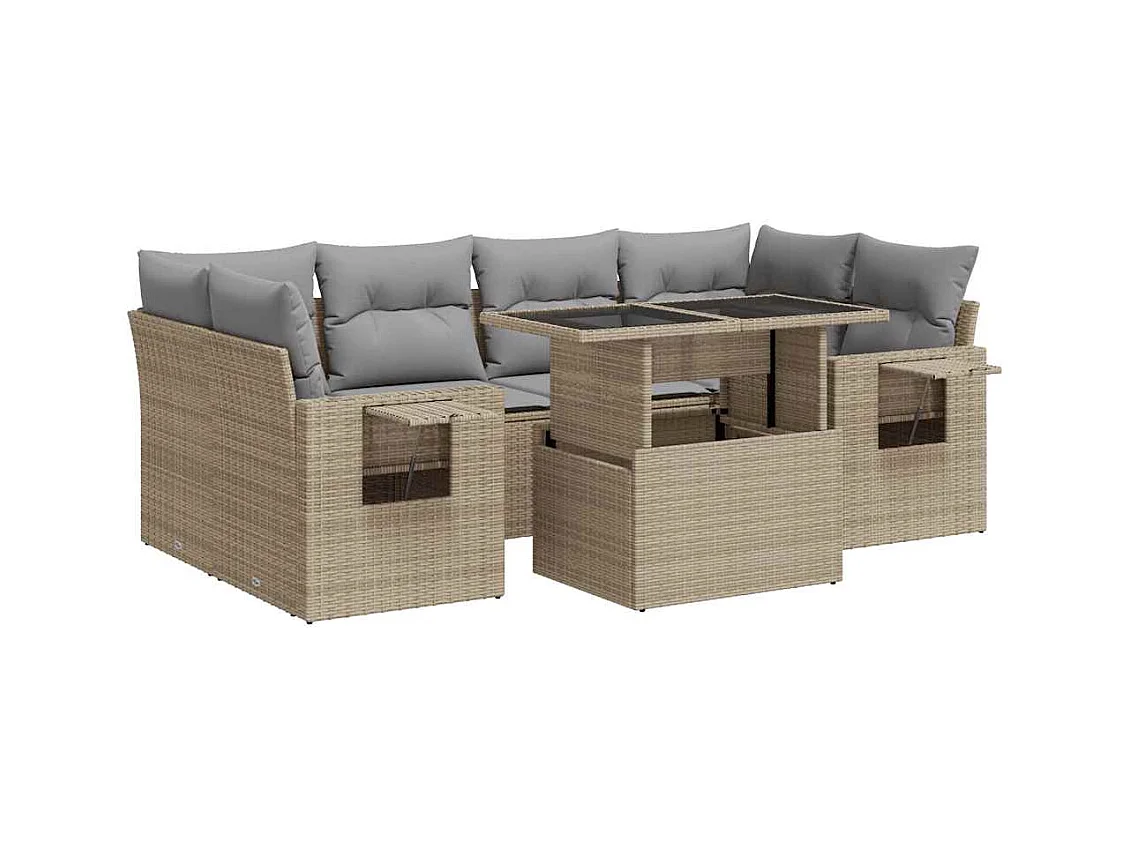 7-delige Loungeset met kussens poly rattan beige
