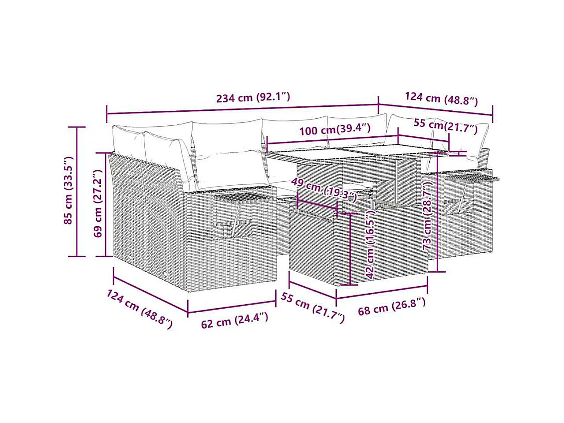 7-delige Loungeset met kussens poly rattan beige