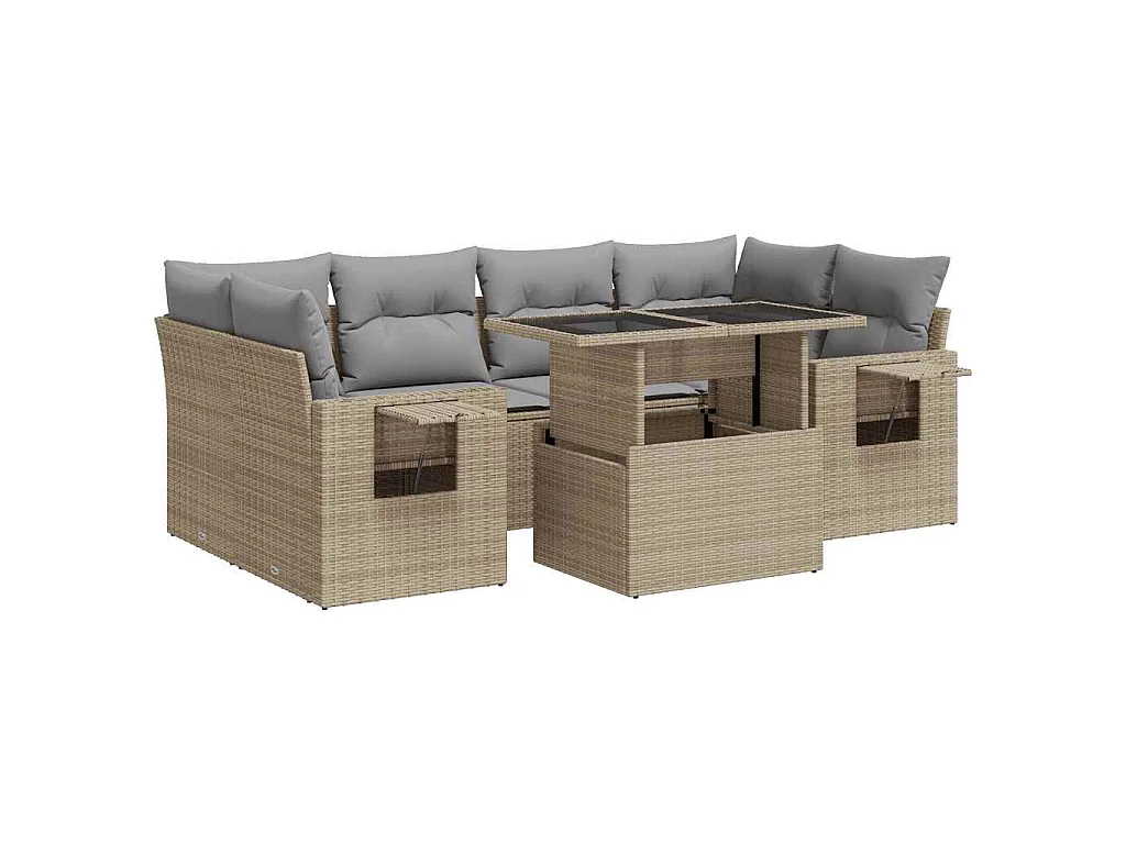 Set Divani da Giardino 7 pz con Cuscini Beige in Polyrattan