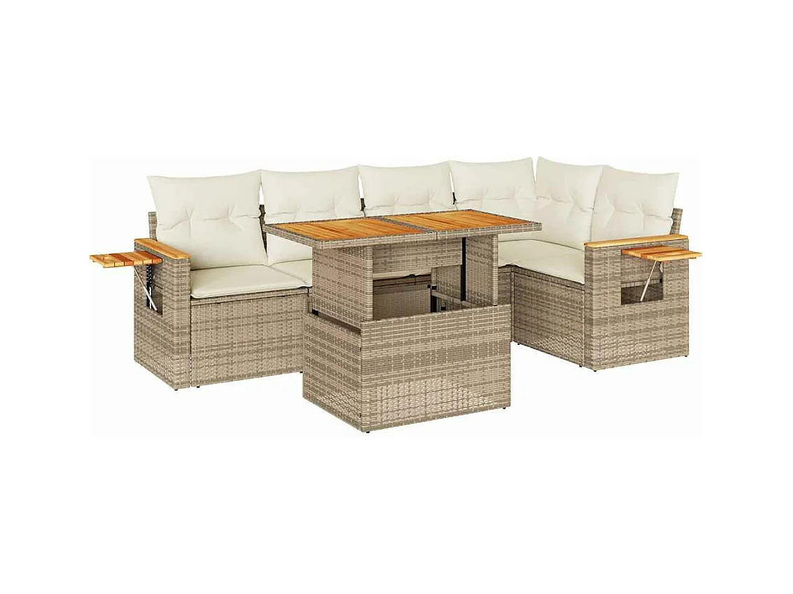 6-tlg. Garten-Sofagarnitur mit Kissen Beige Poly Rattan Akazie