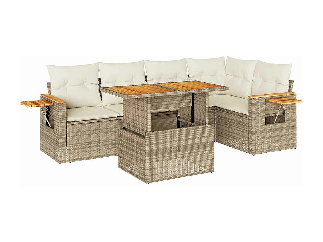 Salon de jardin 6 pcs avec coussins beige résine tressée acacia