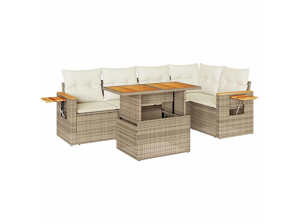 Set Divano da Giardino 6 pz con Cuscini Beige Polyrattan Acacia