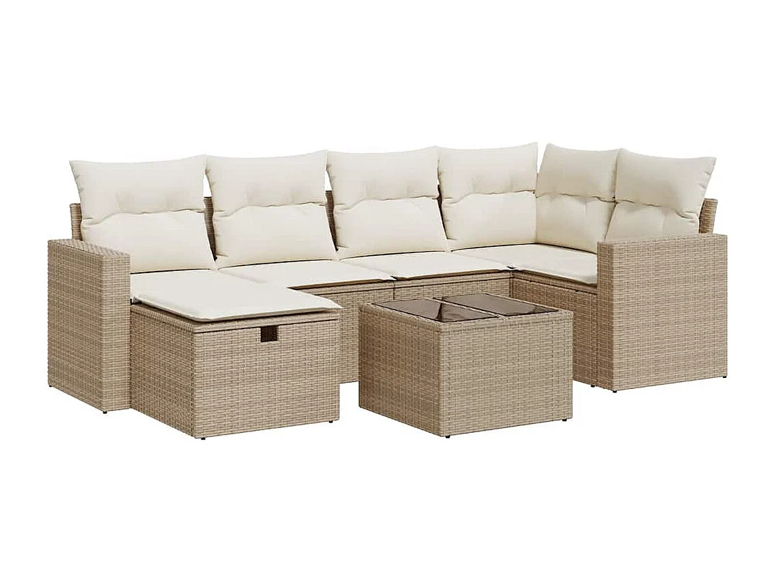7-tlg. Garten-Sofagarnitur mit Kissen Beige Poly Rattan