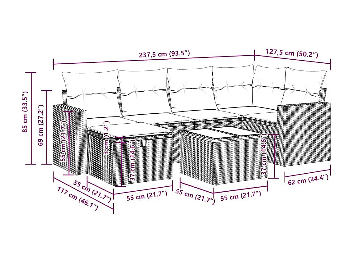 Salon de jardin avec coussins 7 pcs beige résine tressée