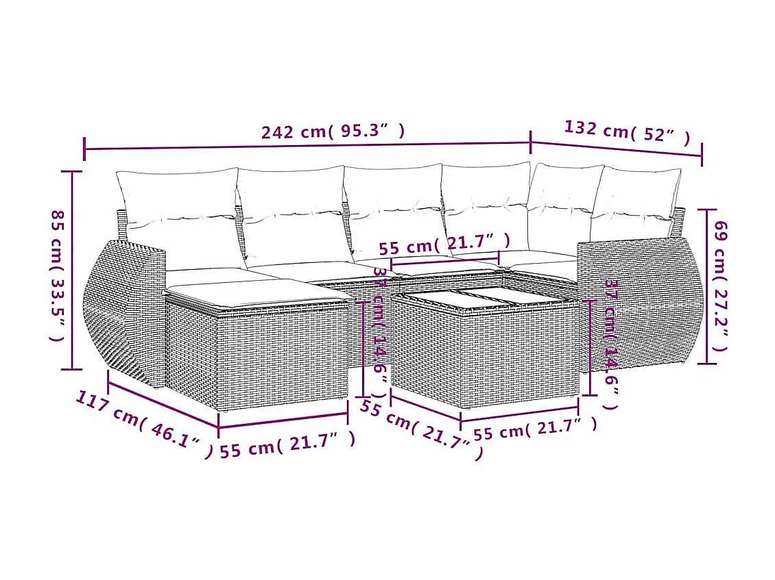 Salon de jardin avec coussins 7 pcs gris clair résine tressée