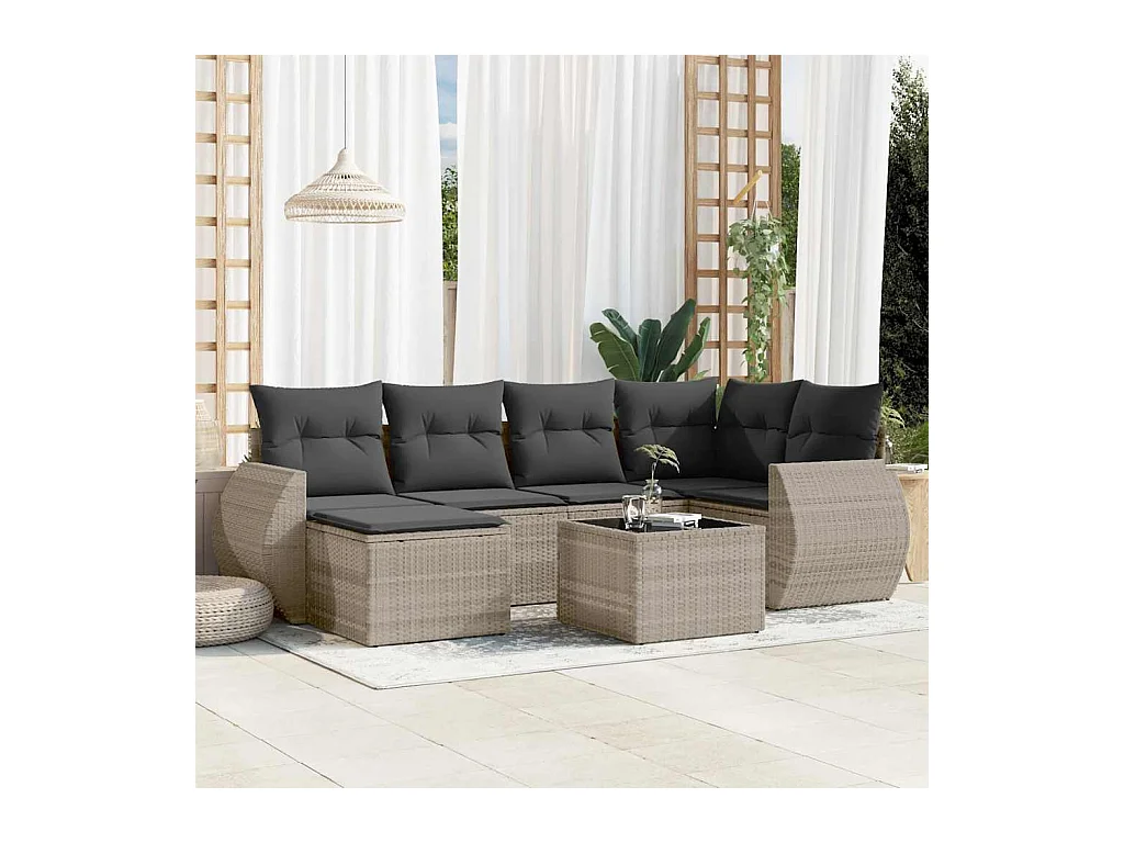 7-delige Loungeset met kussens poly rattan lichtgrijs