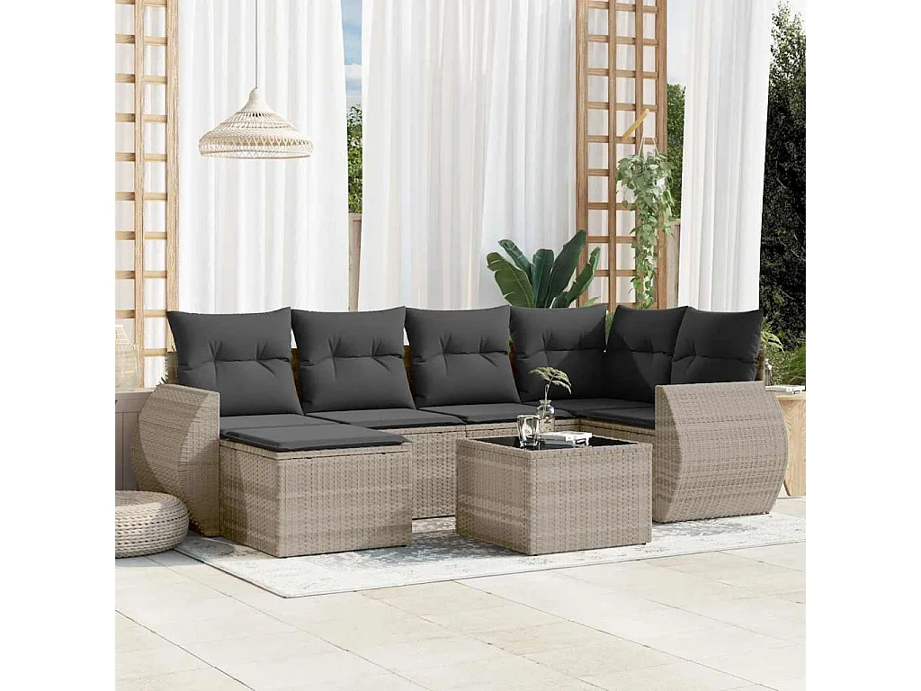 7-tlg. Garten-Sofagarnitur mit Kissen Hellgrau Poly Rattan