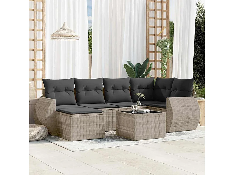 7-tlg. Garten-Sofagarnitur mit Kissen Hellgrau Poly Rattan