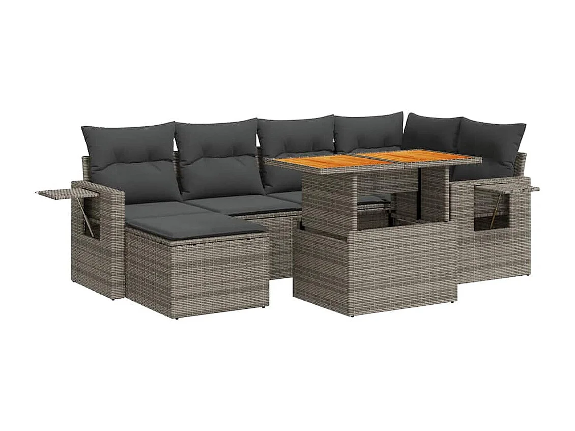 7-tlg. Garten-Sofagarnitur mit Kissen Grau Poly Rattan