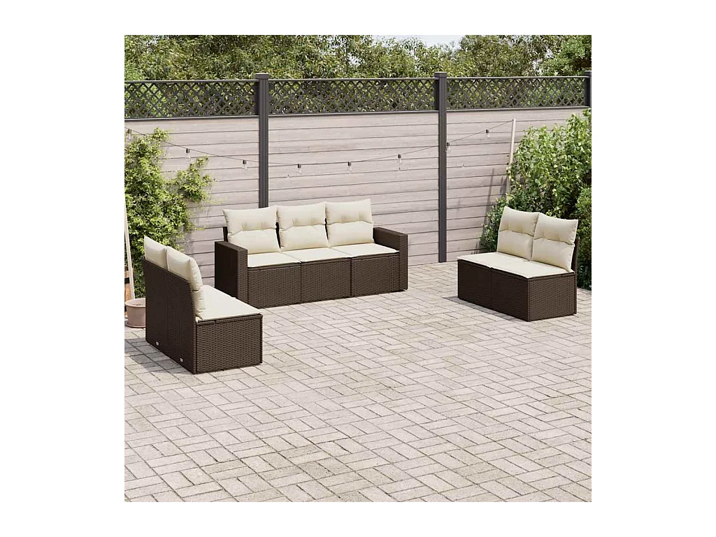 Salon de jardin avec coussins 7 pcs marron résine tressée