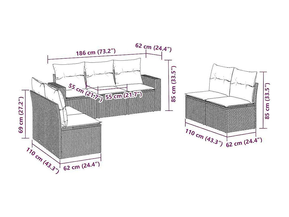 Salon de jardin avec coussins 7 pcs marron résine tressée