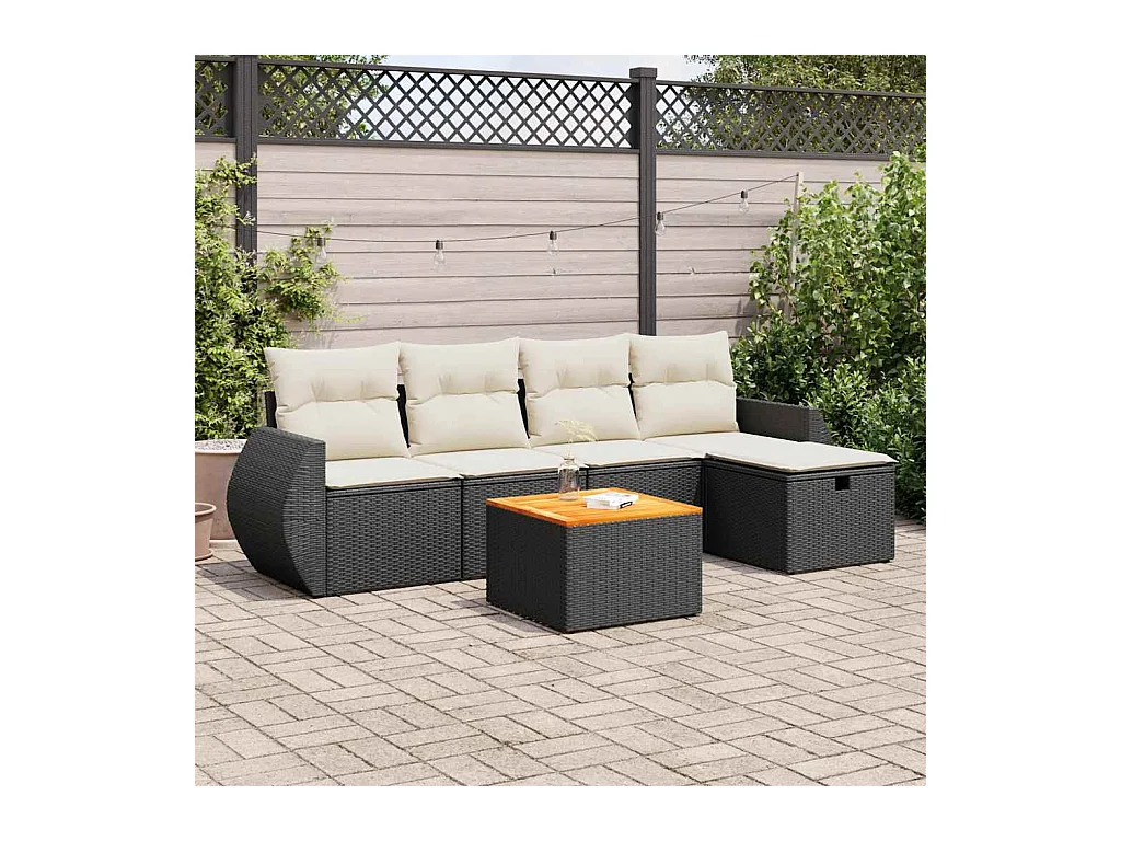 Salon de jardin 6 pcs avec coussins noir résine tressée