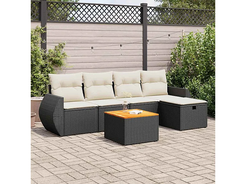 Salon de jardin 6 pcs avec coussins noir résine tressée