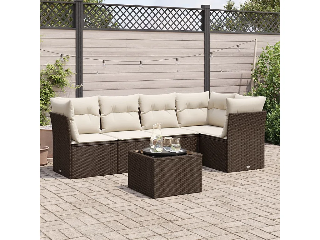 6-delige Loungeset met kussens poly rattan bruin