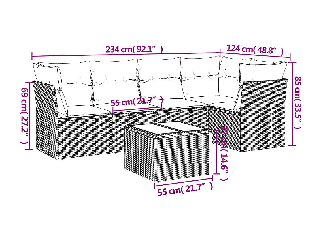 6-delige Loungeset met kussens poly rattan bruin
