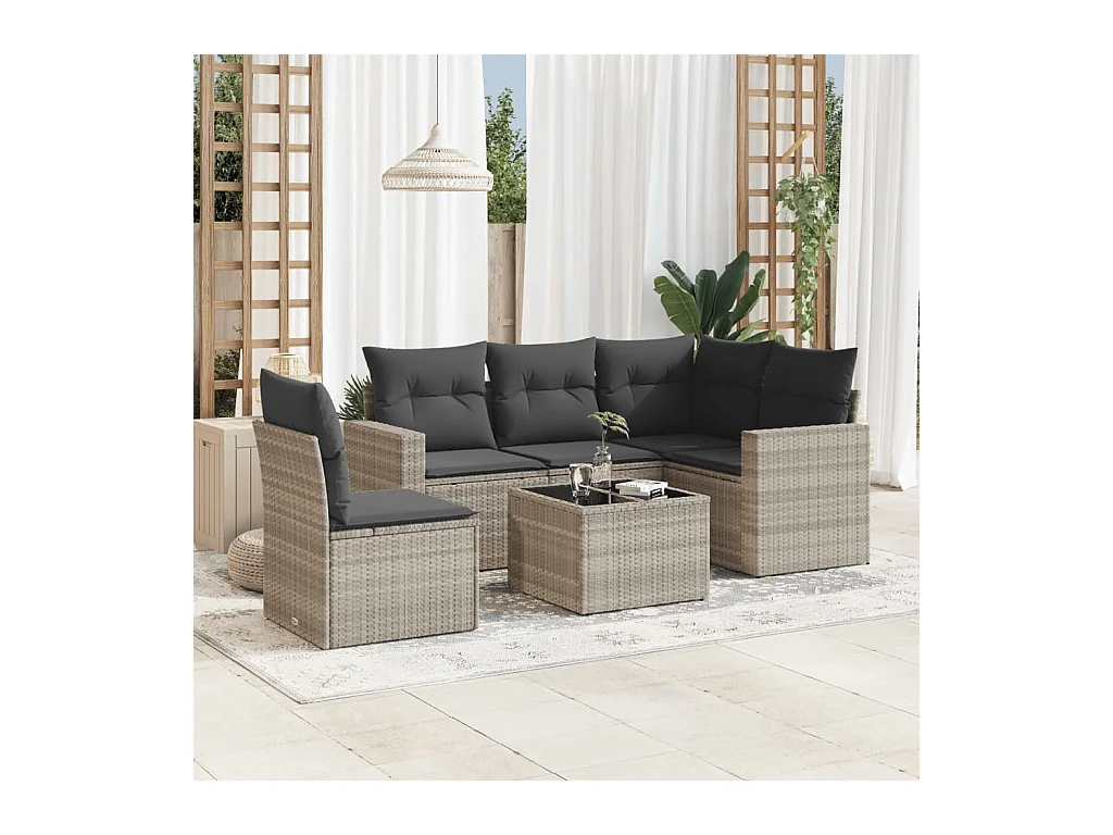 6-tlg. Garten-Sofagarnitur mit Kissen Hellgrau Poly Rattan