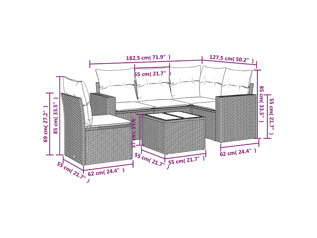 6-delige Loungeset met kussens poly rattan lichtgrijs