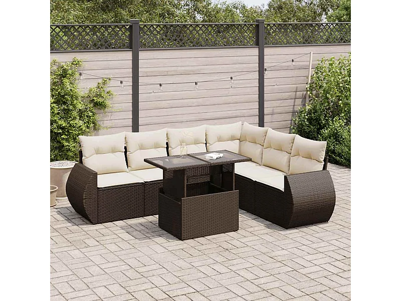 7-tlg. Garten-Sofagarnitur mit Kissen Braun Poly Rattan