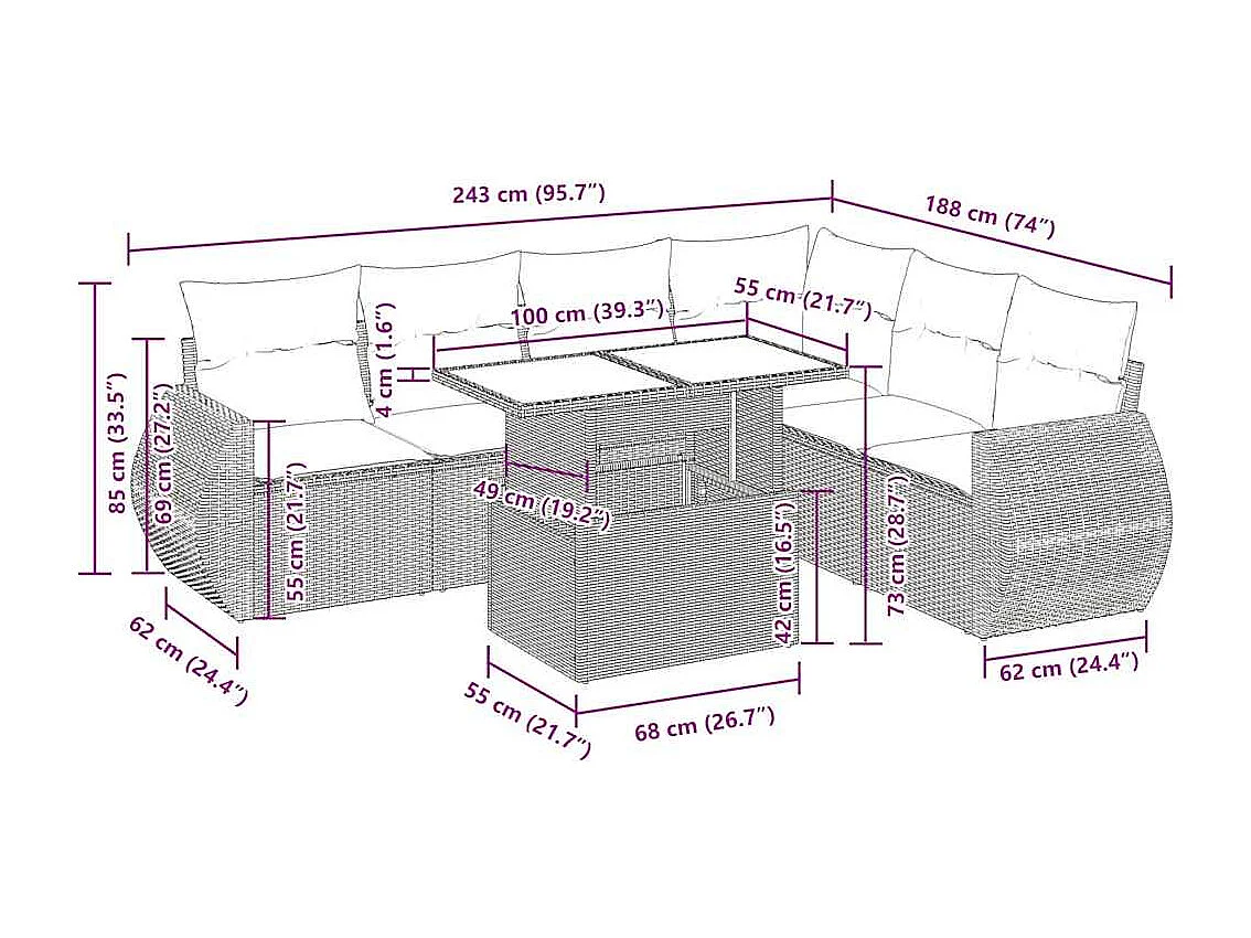 7-tlg. Garten-Sofagarnitur mit Kissen Braun Poly Rattan