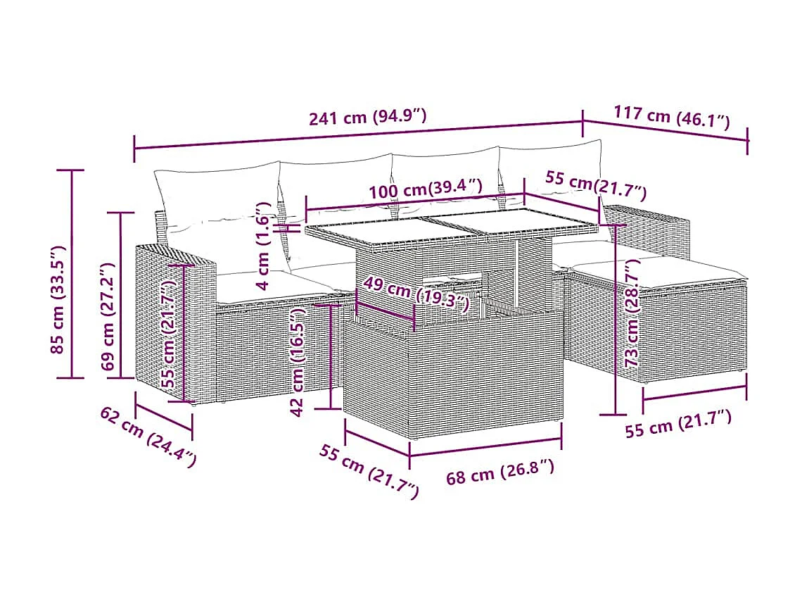 Salon de jardin avec coussins 6 pcs marron résine tressée