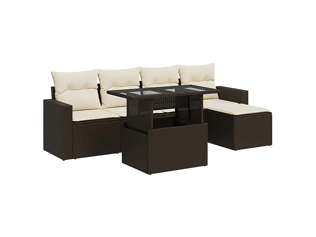 Set sofás de jardín 6 piezas y cojines ratán sintético marrón