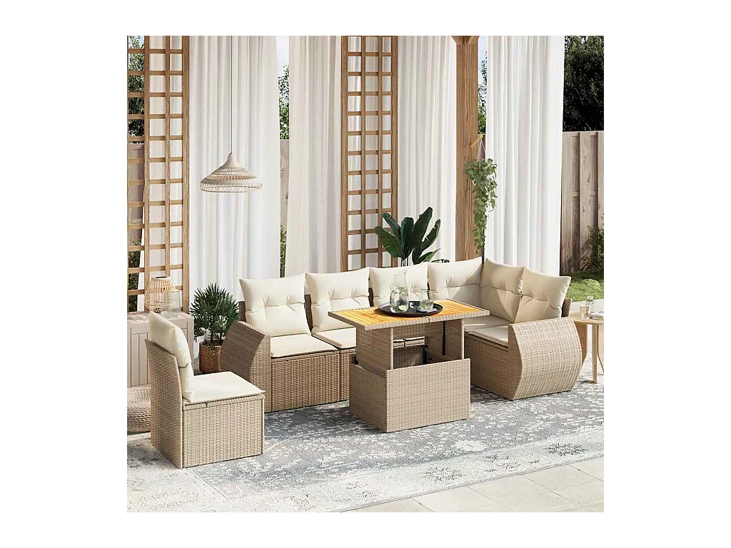 Salon de jardin avec coussins 7 pcs beige résine tressée