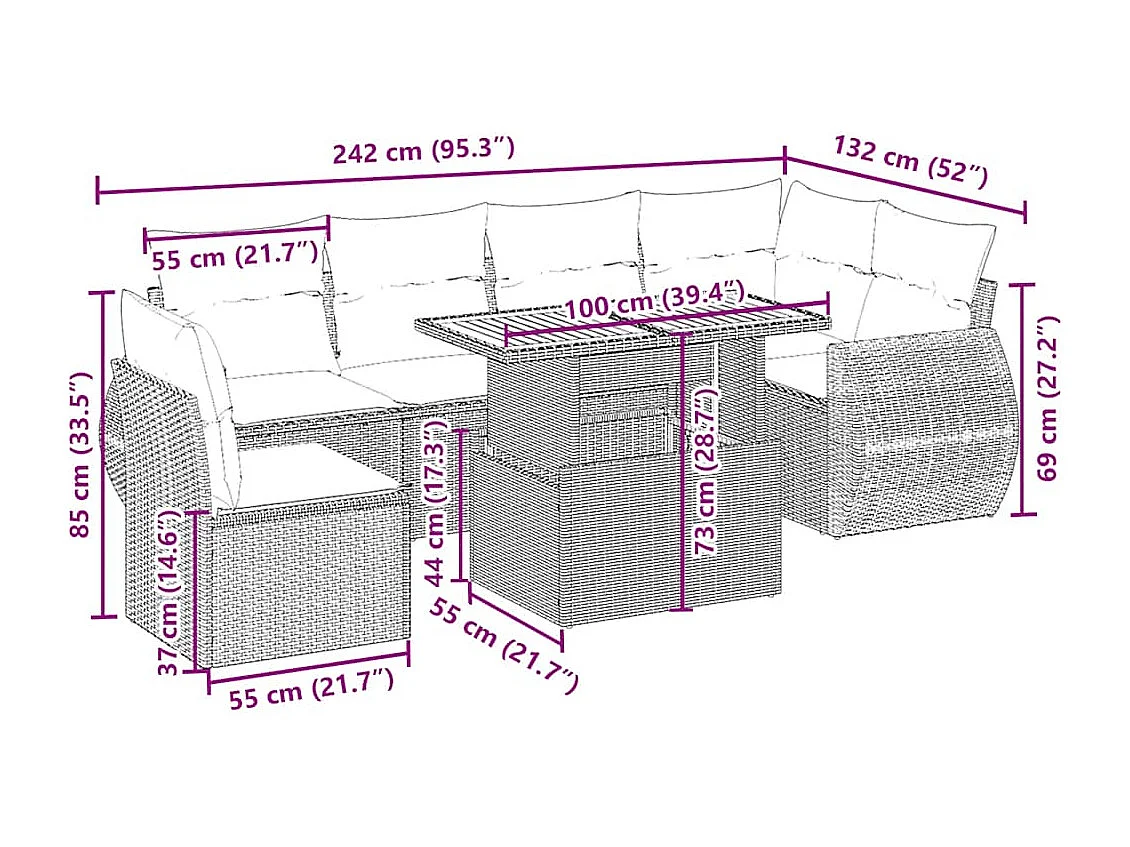 Salon de jardin avec coussins 7 pcs beige résine tressée
