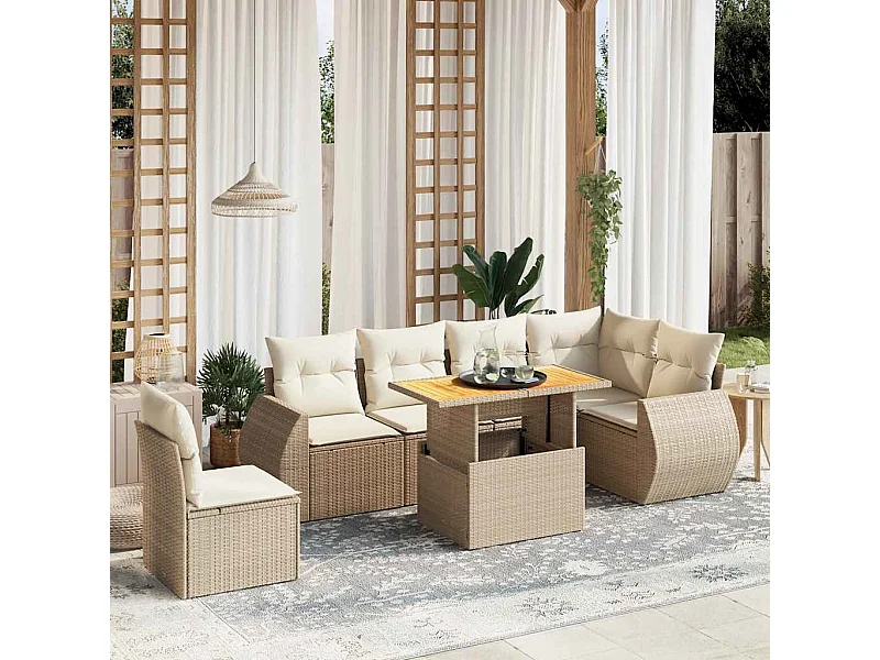 7-tlg. Garten-Sofagarnitur mit Kissen Beige Poly Rattan